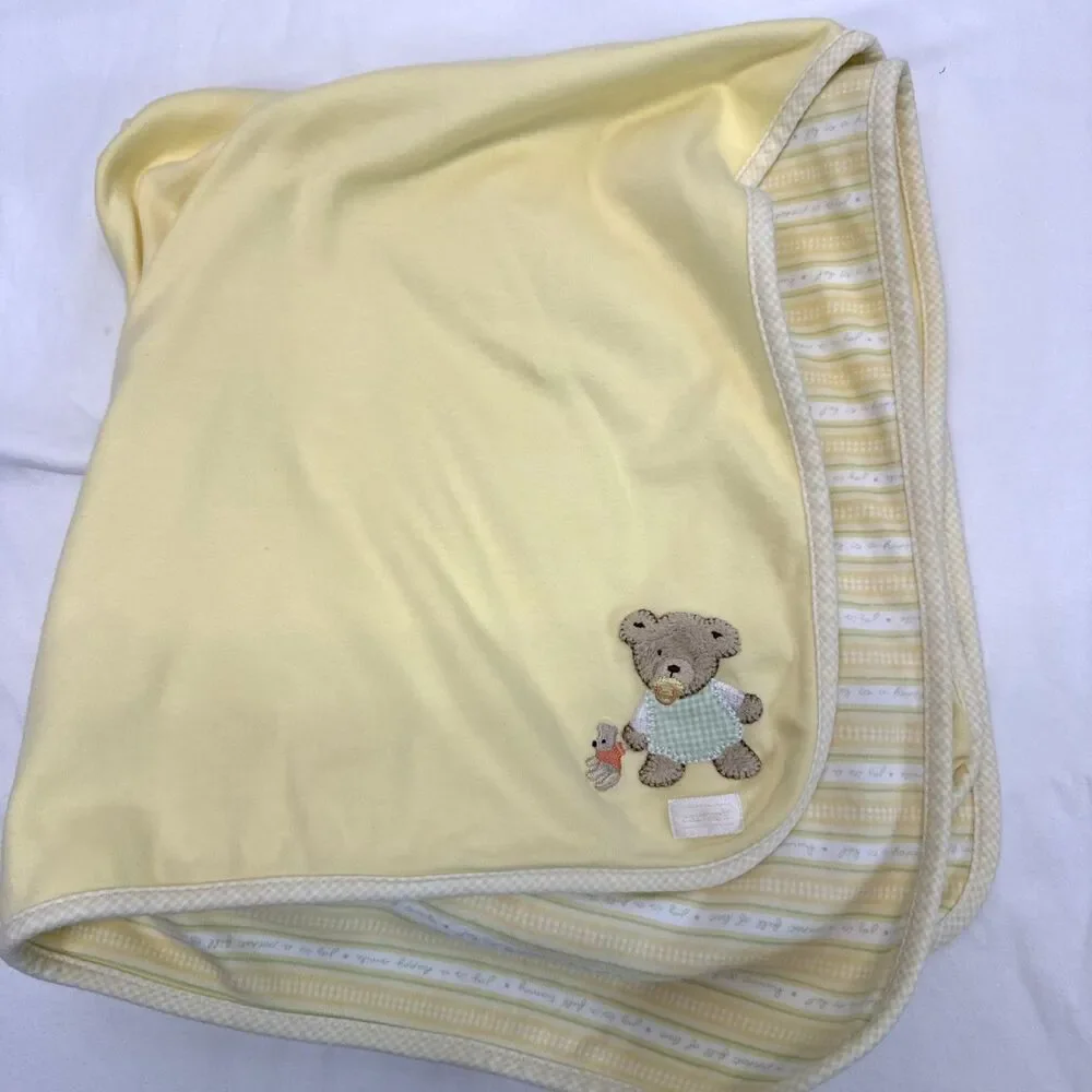 Carters Bear Baby Blanket Yellow Stripe Pacifier Cotton Reversible Joy Vtg
